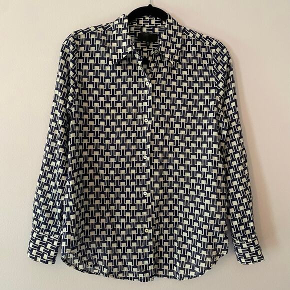 Nili Lotan Navy Blue White Allover Kate Print Button Down Shirt 100 Cotton Small - Picture 2 of 10